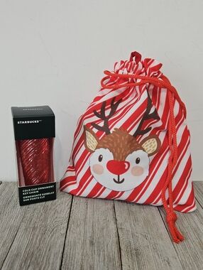 Starbucks Red Cold Cup with Logo Keychain and Red White Striped Drawstring Reind